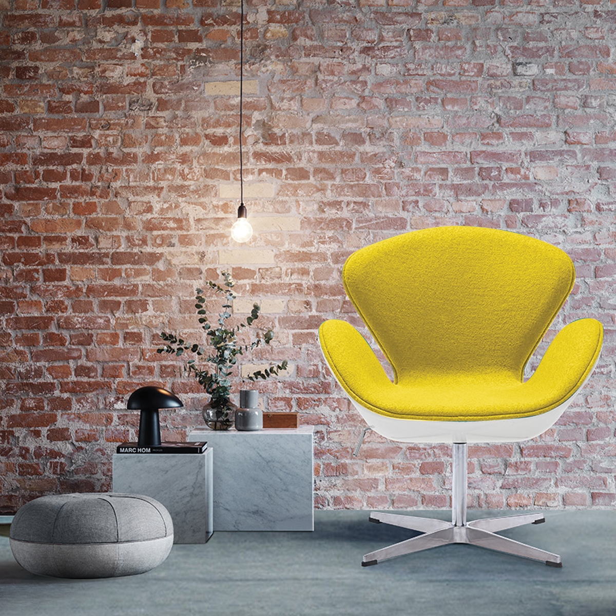 Yellow Fabric White Swan Chair