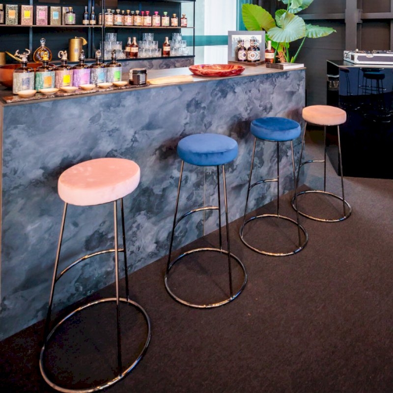 Rose Gold Chrome Spire Stool - Blue Pad